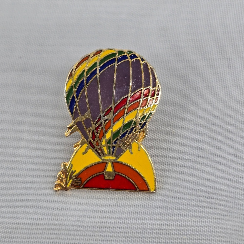 Vintage The Pin Place Hot Air Balloon Enamel Pin Gold Tone Sunset Retro Travel